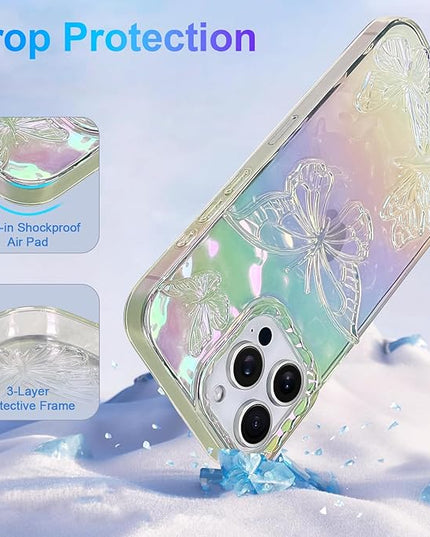 Cute Case for iPhone 15 Pro Max Case for Women Girls, with 3D Butterflies Pattern Design, Aesthetic Clear Iridescent Glitter Kawaii Girly Rainbow Protective Phone Cover