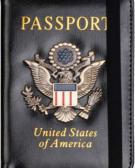 TOURSUIT RFID Blocking Passport Holder for Women Men, Leather Passport Travel Wallet with Metal 3D Metal Badge, Travel Document Holder Cover Accessories (Black)