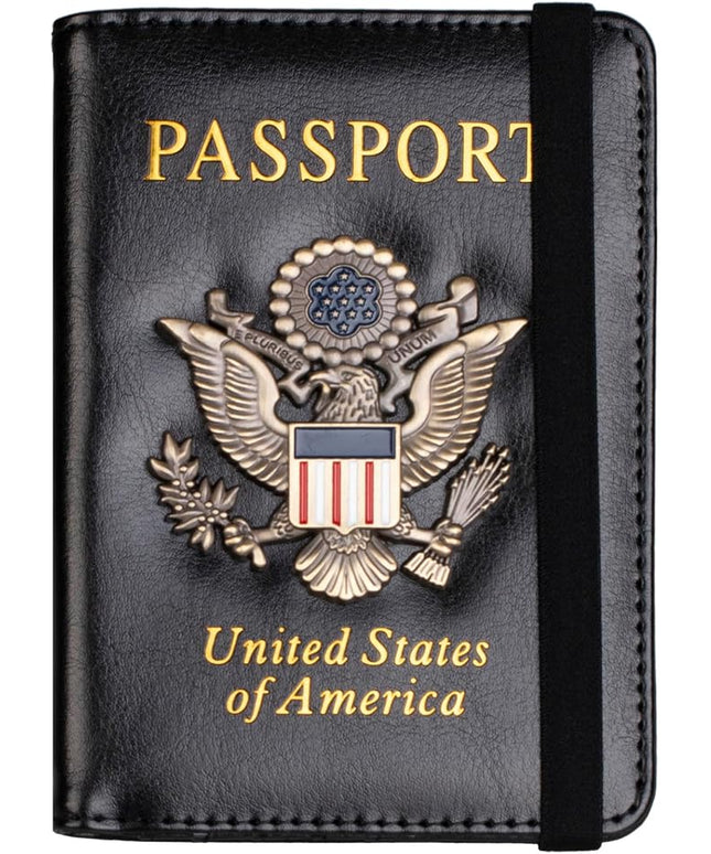 TOURSUIT RFID Blocking Passport Holder for Women Men, Leather Passport Travel Wallet with Metal 3D Metal Badge, Travel Document Holder Cover Accessories (Black)
