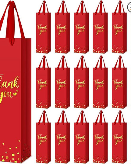 Ctosree 30 Pcs Wine Bottle Gift Bag with Handle 4.3x3.5x13.7 Liquor Paper Bag for Thank You Favor Gold Foil Kraft Whiskey Tote Carrier for Wedding Birthday Bridal Valentine's day Party(Red)