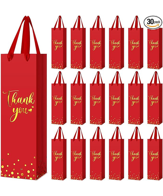 Ctosree 30 Pcs Wine Bottle Gift Bag with Handle 4.3x3.5x13.7 Liquor Paper Bag for Thank You Favor Gold Foil Kraft Whiskey Tote Carrier for Wedding Birthday Bridal Valentine's day Party(Red)
