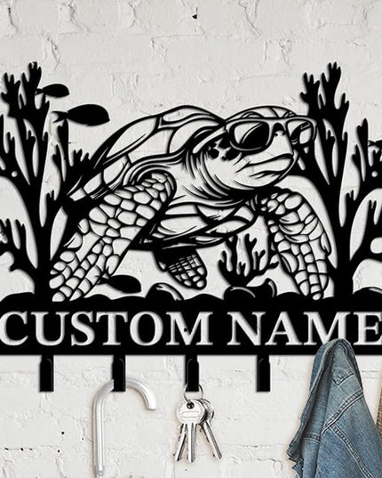 Casebrick Custom Sea Turtle Metal Wall Hooks,Key Holder-Personalized Iron Wall Decor for Keys, Coats & Home Organization (Black, Handmade,Decorative for Entryway, Beach,Bedroom,Office) (Style J)