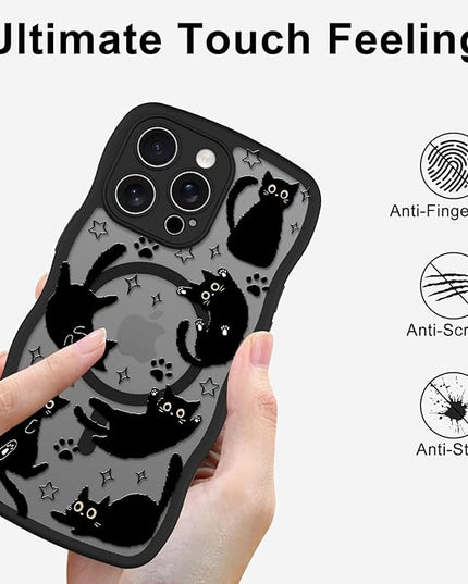 Cute Case for iPhone 13 Pro Max Case [Compatible with MagSafe] with Kawaii Black Cats Cat Print Pattern Design for Women Girls, Soft Wavy Edge Anti-Slip Animal Magnetic Protective Phone Cover