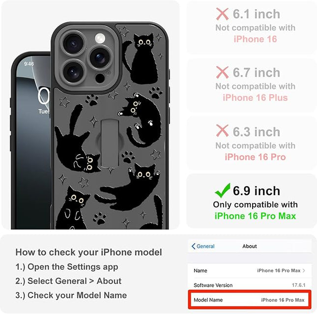 Cute Case for iPhone 16 Pro Max Case with Finger Loop Stand, Kawaii Black Cats Pattern Design for Women Girls Boys, Full Camera Protection Protective Phone Cover with Hand Strap Kickstand