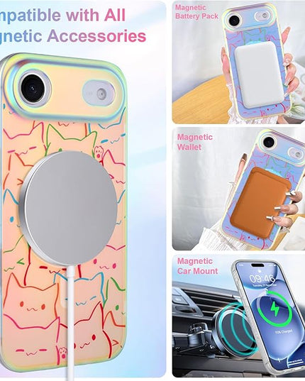 Cute Case for iPhone Air Case for Women Girls Boys [ Compatible with Magsafe ] Iridescent and Black Cats Cat Pattern Design, Kawaii Colorful Animal Soft Bumper Protective Phone Cover