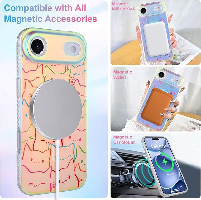 Cute Case for iPhone Air Case for Women Girls Boys [ Compatible with Magsafe ] Iridescent and Black Cats Cat Pattern Design, Kawaii Colorful Animal Soft Bumper Protective Phone Cover