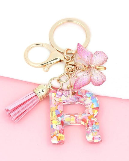 Fashion Alphabet Initial Letter Keychain Tassel Butterfly Pendant Key Ring for Purse Handbags Women Girl