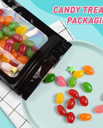 Funfery 300 Pack Smell Proof Resealable Bags for Food Storage,Holographic Bags 4x6 Black Mylar Clear Packaging Bag- Scent Proof for Cookies, Zip Foil Pouch for Small Business