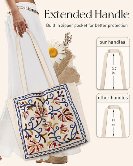 Aesthetic Embroidery Tote Bag for Women - Reusable Canvas Cute Shoulder Bag for Shopping, Grocery, Work, Book