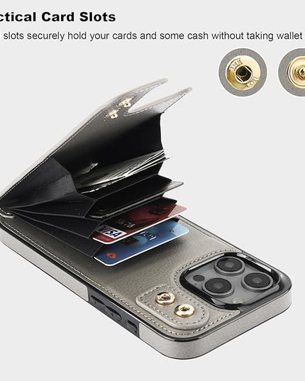 Folosu Compatible with iPhone 16 Pro Max Case Wallet with Card Holder, 360°Rotation Finger Ring Holder Kickstand, RFID Blocking Leather Protective Double Buttons Shockproof Cover 6.9 Inch Gray