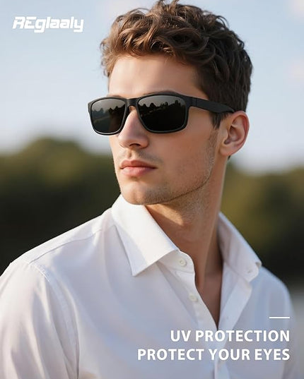 Polarized Sunglasses for Men Womens, Lightweight Mens Sunglasses UV Protection, Black Square Sun Glasses Driving Fishing Golf, Matte Black/Gray Lens