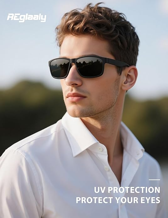 Polarized Sunglasses for Men Womens, Lightweight Mens Sunglasses UV Protection, Black Square Sun Glasses Driving Fishing Golf, Matte Black/Gray Lens