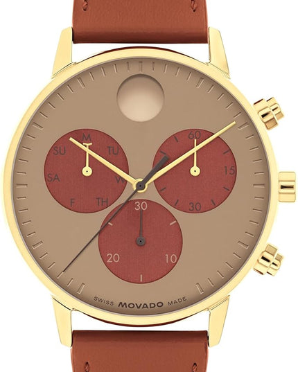 Movado Face Watch - Swiss Quartz Chronograph, Leather Strap - Classic, Timeless Luxury Fashion Timepiece for Him or Her - 43mm