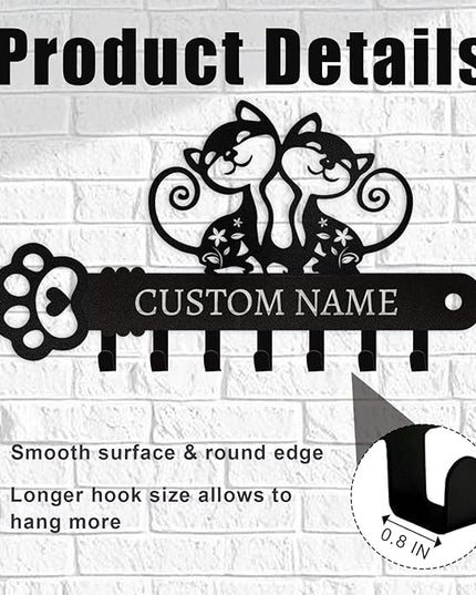 Cat Key Holder with Custom Name & Hooks - Personalized Metal Key Rack Wall Mount Art Decor for Bedroom Doorway Office