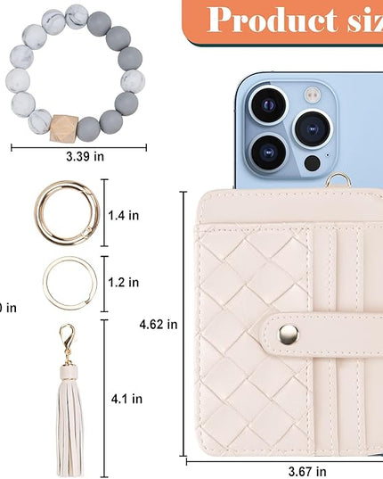 Keychain Wallet with Bracelet RFID Blocking Wristlet Credit Purse Card Holder, Silicone Bead Tassel Key Ring for Women