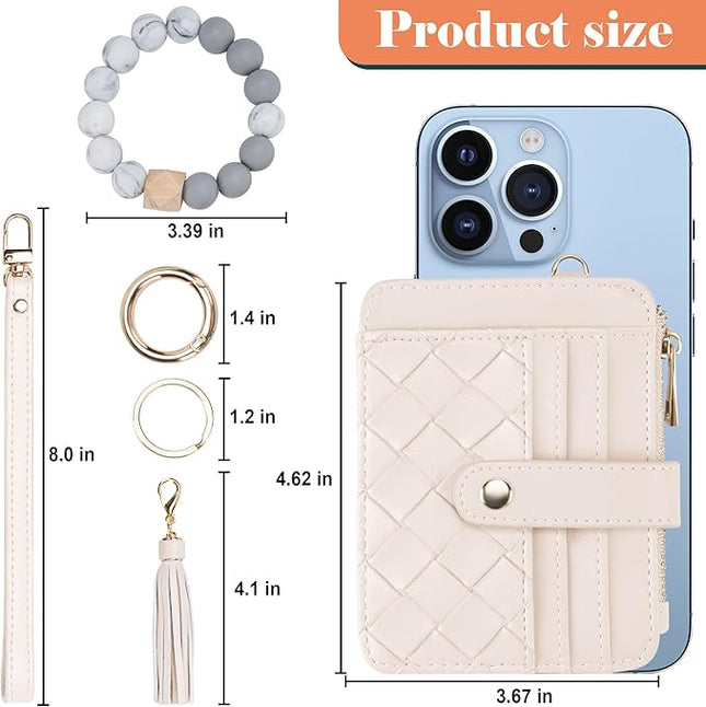 Keychain Wallet with Bracelet RFID Blocking Wristlet Credit Purse Card Holder, Silicone Bead Tassel Key Ring for Women