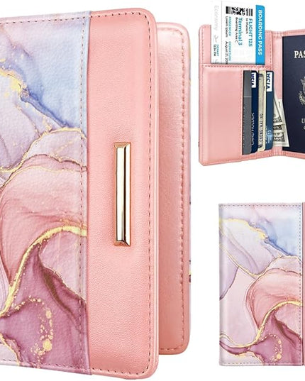 Passport Holder Cover Travel RFID Blocking Passport Cover Rose Gold Cute Flowers Passport Wallet with Elastic Band for Women