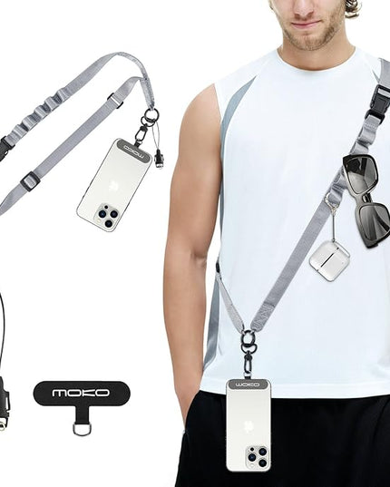 MoKo Universal Phone Lanyard, Nylon Adjustable Cell Phone Crossbody Strap Detachable Women & Men Cellphone Lanyards Around the Neck with Patches for iPhone, Most Smartphone, Dark Gray