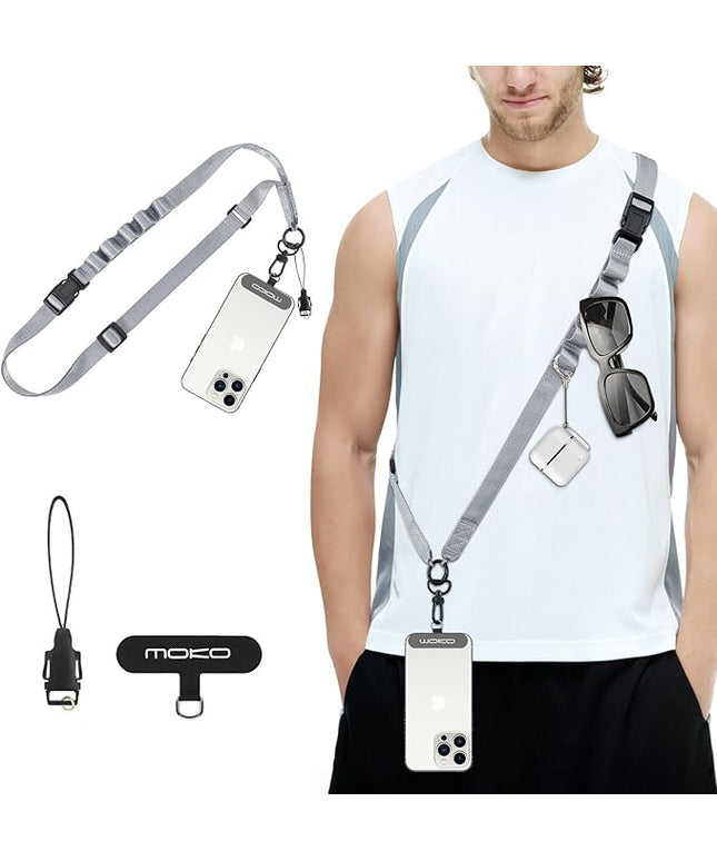 MoKo Universal Phone Lanyard, Nylon Adjustable Cell Phone Crossbody Strap Detachable Women & Men Cellphone Lanyards Around the Neck with Patches for iPhone, Most Smartphone, Dark Gray