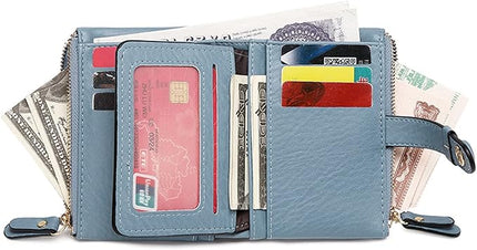 AOXONEL Women's Wallets Leather Wallets for Women Rfid Small Ladies Wallet Billfolds for Women,Trifold Mini Wallets for Women with Double Zipper Coin Pocket (Blue)