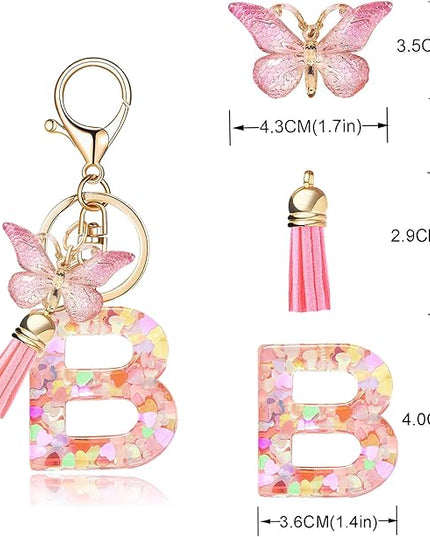 Fashion Alphabet Initial Letter Keychain Tassel Butterfly Pendant Key Ring for Purse Handbags Women Girl