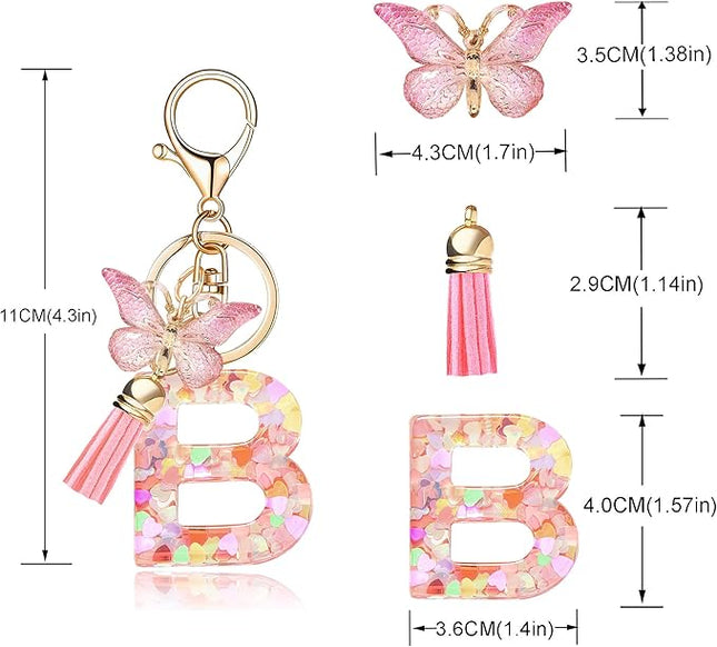 Fashion Alphabet Initial Letter Keychain Tassel Butterfly Pendant Key Ring for Purse Handbags Women Girl