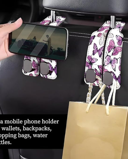 Car Seat Headrest Hook, Universal Leather Cute Hanger Holder Hook, Storage Organizer Interior Accessories for Purse Bags Handbag Luxury Purple Butterfly