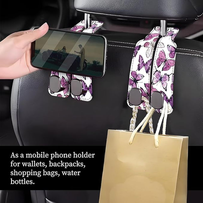 Car Seat Headrest Hook, Universal Leather Cute Hanger Holder Hook, Storage Organizer Interior Accessories for Purse Bags Handbag Luxury Purple Butterfly