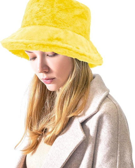 Women Plush Fluffy Bucket Hat Warm Lining Winter Faux Fur Cozy Wide Brim Winter