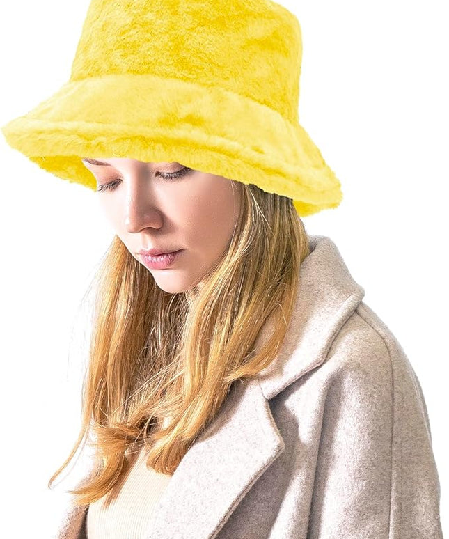 Women Plush Fluffy Bucket Hat Warm Lining Winter Faux Fur Cozy Wide Brim Winter