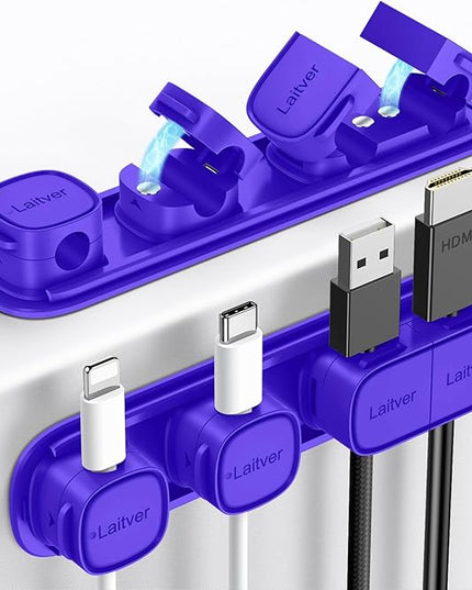 6 Pack Magnetic Cable Clips [1s Open/Lock], Laitver Cord Organizer Holder Strong Adhesive Desk Cable Management- Organize Charging Cords Neatly for Home, Office, Car,Desk, Nightstand-Dark Blue