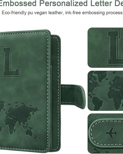 Personalized L Passport Holder Cover Initial Letter Travel Wallet RFID Blocking Passport Cover Credit Card Holder Case Passport Book Holders for Women and Men, Pine Green-L
