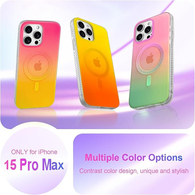 Aesthetic Case for iPhone 15 Pro Max Case for Women Girls, Compatible with Magsafe, Cute Girly Trendy Glitter Sparkly Rainbow Magnetic Protective Phone Cover, Matte Iridescent Yellow & Orange