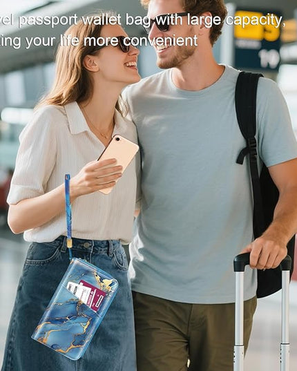 Family Passport Holder Wallet RFID Blocking Document Organizer PU Leather Mulit-purpose Travel Wallet Credit Cards Case for Women Men, Blue Marble