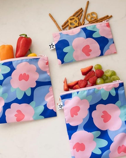 Tiny Twinkle Reusable Snack Bags for Kids – 3 Pack Snack Pouches & Sandwich Bag for Toddlers – Machine Washable, Mess-Proof for Lunch & Travel (Blue Floral)