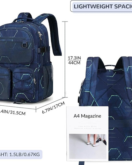 Lohol Multi-Pocket Backpack for Travel College, Heavy Duty Big Bookbag with 15.6 inch Laptop Compartment (Navy Geometry