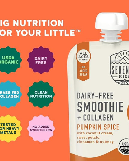Serenity Kids 6+ Months Pumpkin Smoothie Baby Food Pouches - USDA Organic Pumpkin Spice Smoothie with Grass-Fed Collagen - No Added Sweeteners in Toddler Food - 3.5 Oz, 6 Pack