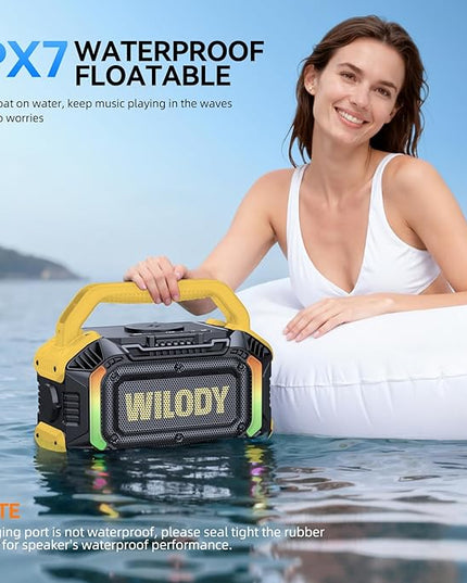 Wilody Speakers Bluetooth Wireless, 100W Loud Outdoor Speaker with Bass, IPX7 Waterproof Floatable, 20H Playtime, Wireless Charge, TWS, RGB Light, Portable Speaker for Work, Garage, Outdoor (Yellow)