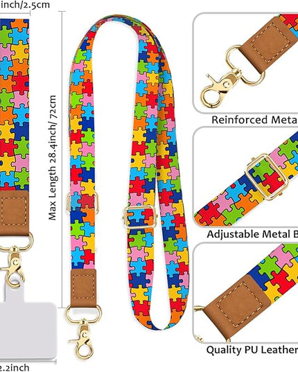 Phone Lanyard Wrist Strap Crossbody, Autism Puzzle Cell Phone Lanyard for around the Neck Wristlet Adjustable Strap Compatible with Most Smartphones for Keys Case ID Badges