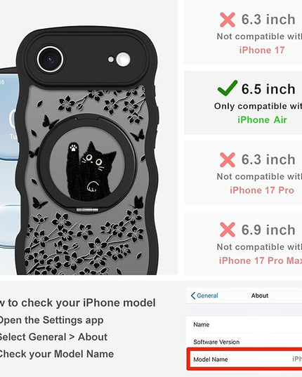 Wavy Case for iPhone Air Case with Stand [Compatible with MagSafe] Cute Black Cat & Floral & Butterflies Pattern Design, Kawaii 360 Magnetic Ring Kickstand Phone Cover for Women Girls