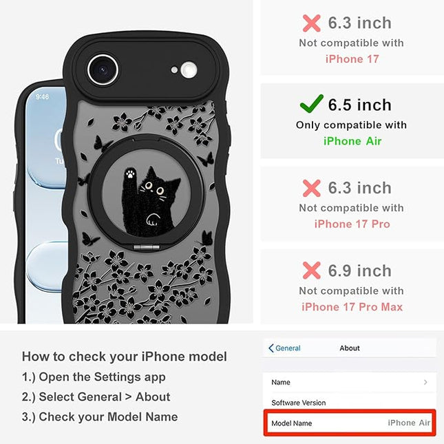 Wavy Case for iPhone Air Case with Stand [Compatible with MagSafe] Cute Black Cat & Floral & Butterflies Pattern Design, Kawaii 360 Magnetic Ring Kickstand Phone Cover for Women Girls