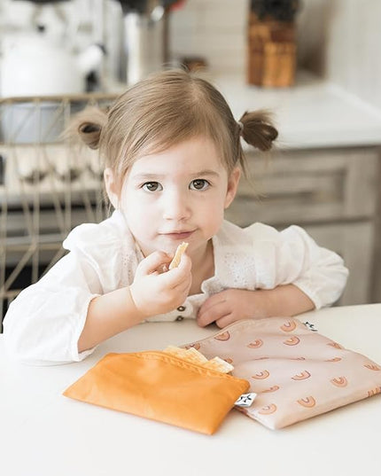 Tiny Twinkle Reusable Snack Bags for Kids – 3 Pack Snack Pouches & Sandwich Bag for Toddlers – Machine Washable, Mess-Proof for Lunch & Travel (Boho Rainbow)