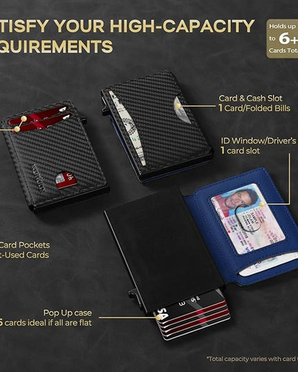 RUNBOX Slim Card Wallet for Men with ID Window – Minimalist RFID Wallet, Pop-Up Function, Ultra Thin Design, Metal Business Card Case Holds 8+ Cards, Gifts for Men, Men's Accessories