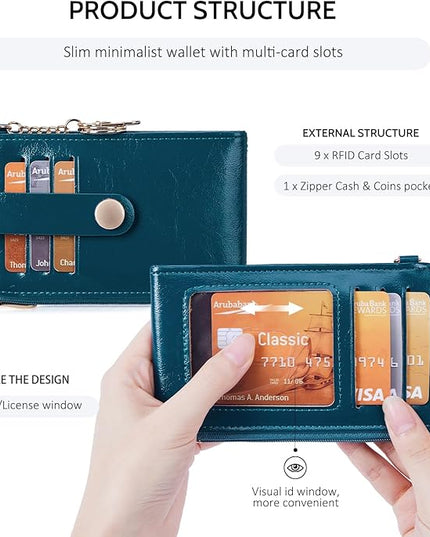 POIUGOYA Slim Wallet for Women,RFID Blocking Bifold Credit Card Holder with Zipper Coin Pocket,ID Window,Keychain