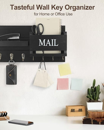 Lwenki Mail Organizer for Wall Mount – Key Holder with Shelf Includes Letter Holder and Hooks for Hallway Farmhouse Decor – Rustic Wood with Flush Mounting Hardware (16.5” x 9.1” x 3.4”) (Black)