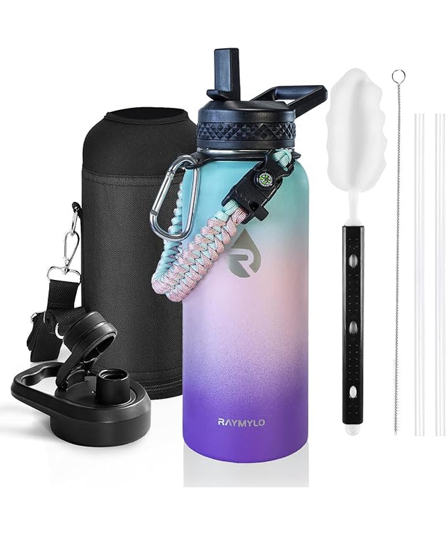 Insulated Water Bottle 32 oz, Triple Wall Vacuum Stainless Steel (Cold for 48 Hrs), Leak Proof & Non-BPA, Modern Water Flask Jug with Paracord Handle & Straw Spout Lids, Hydrangea