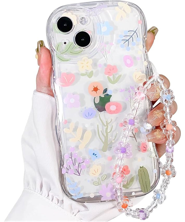 Compatible with iPhone 14 Plus Clear Floral Case Cute, Flower, Wave Border, for Girls, Women, Pattern, Shockproof, Protective, Girly-Colorful