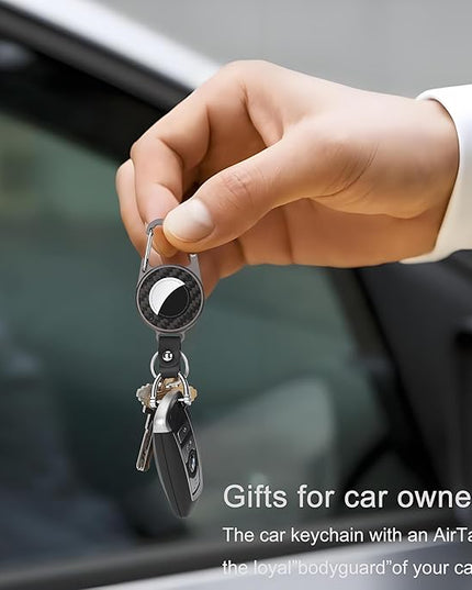 AirTag Holder Keychain - Premium Leather & Carbon Fiber Case with Secure Locking Carabiner | Compatible with Apple AirTag for Keys, Luggage, Backpacks, Bags (Gray)