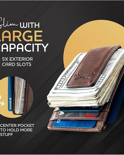 Money Clip Leather Wallet For Men Slim Front Pocket RFID Blocking with Super Strong Magnetic