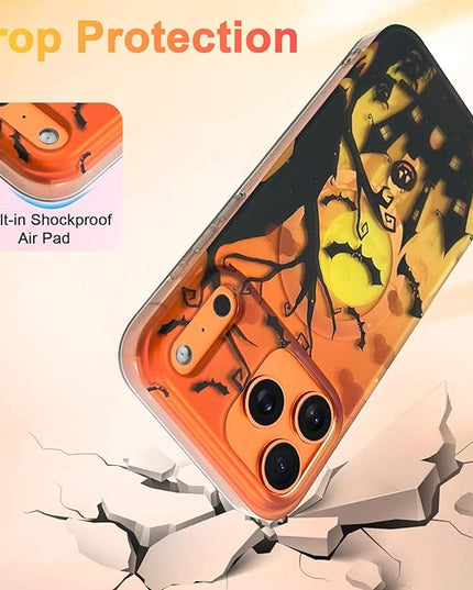 Halloween Case for iPhone 17 Pro Case [ Compatible with Magsafe ] Holographic Orange Sky with Black Castle, Bats, Ghosts and Pumpkins Pattern Design, Creative Magnetic Protective Phone Cover